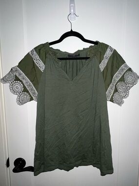 Lane Bryant Olive Green Embroidered Eyelet Sleeve Top - NWOT
